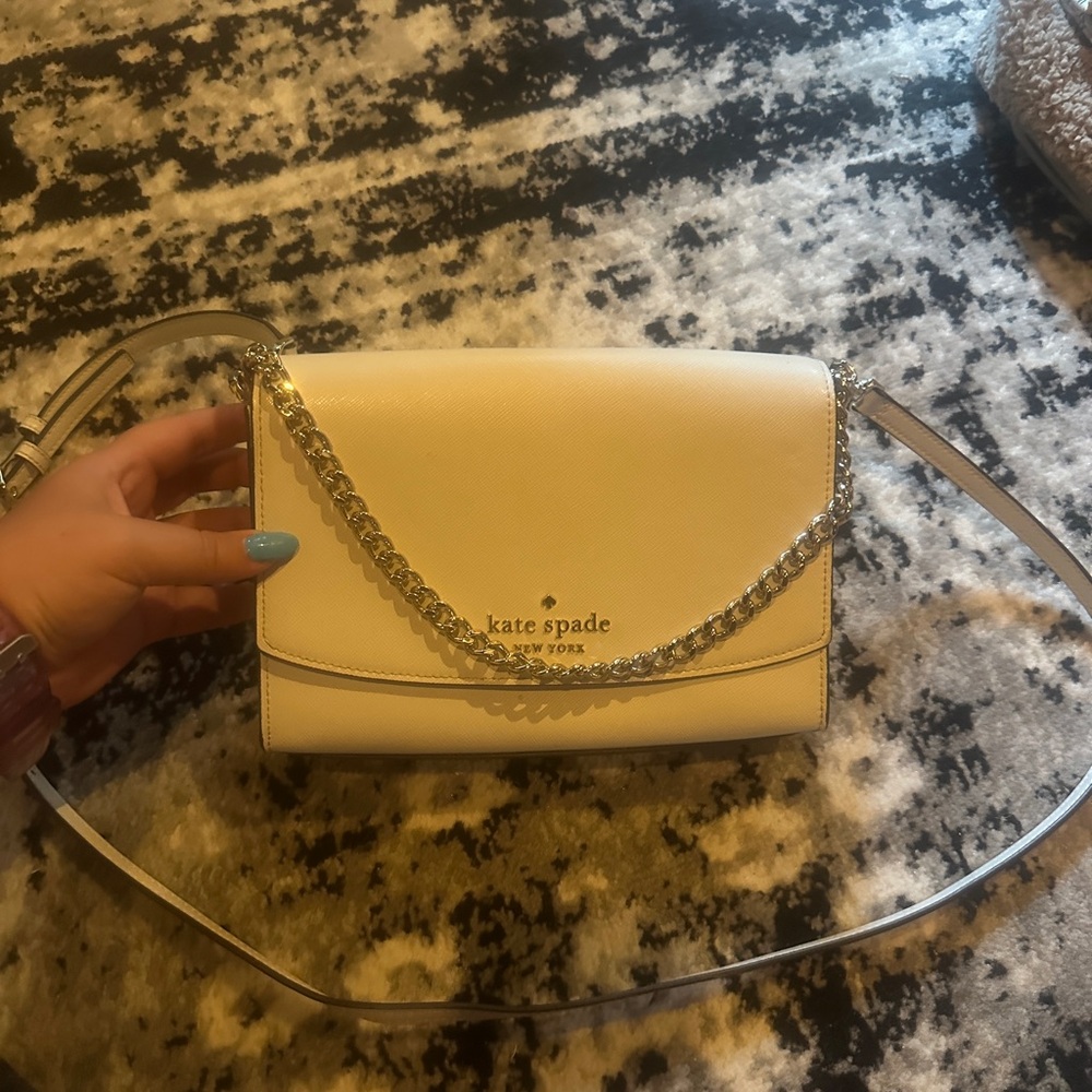 Kate Spade Silver and White Crossbody Bag with Chain Detail